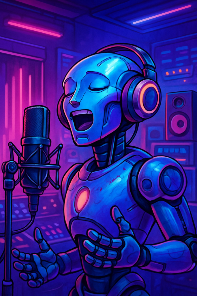 Futuristic Robot Singing into a Microphone