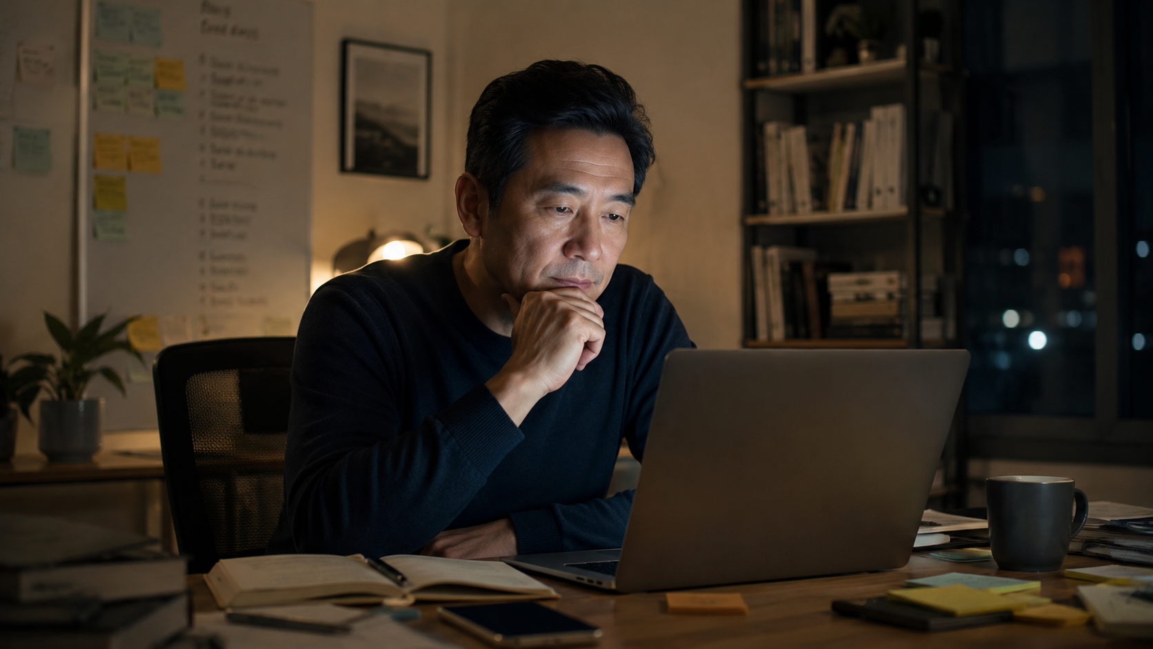 A thoughtful man sits at a desk with a laptop and notes, reflecting on how AI productivity can lead to mental overload.